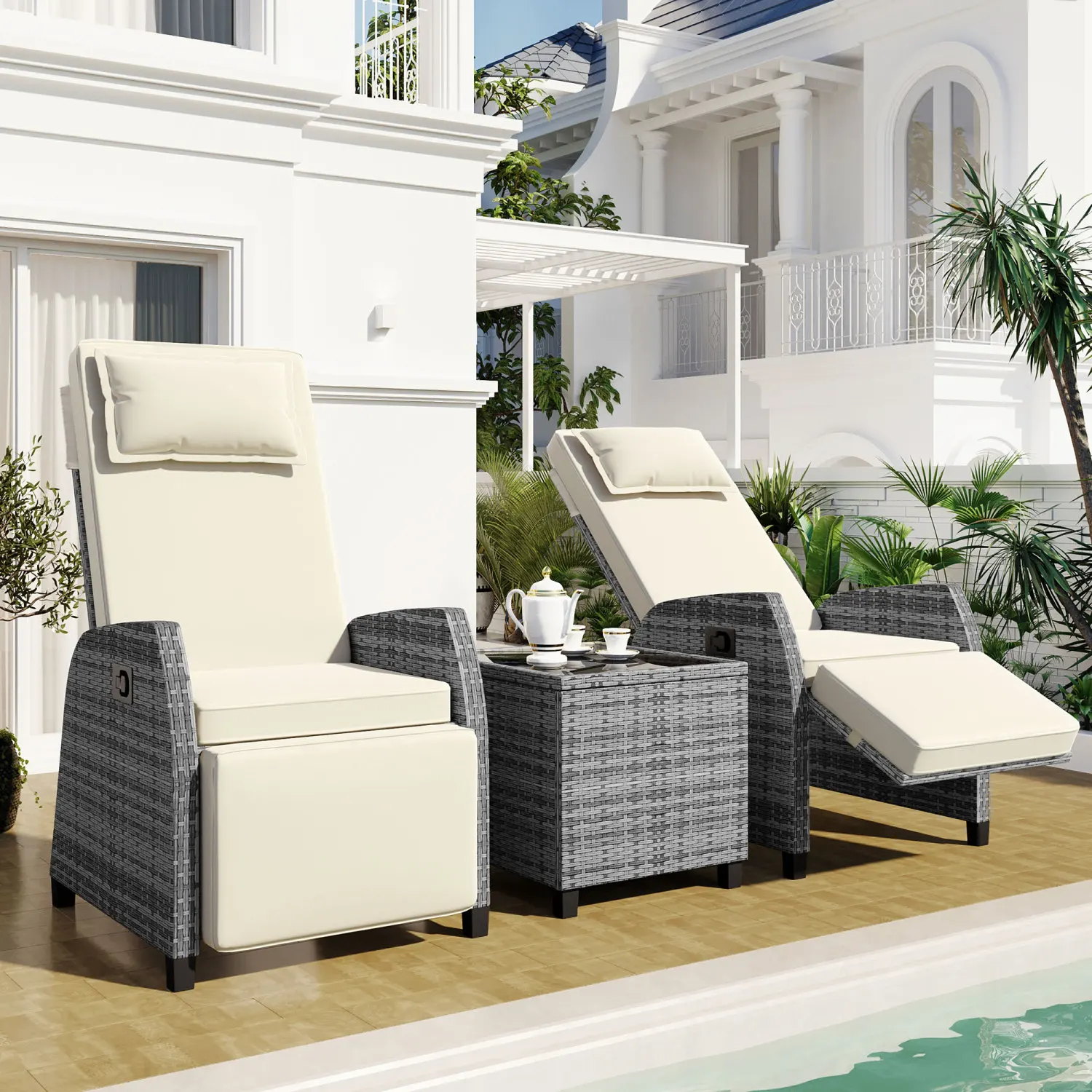 

U_Style Outdoor Rattan Two-person Combination With Coffee Table, Adjustable, Suitable For Courtyard, Swimming Pool, Balcony