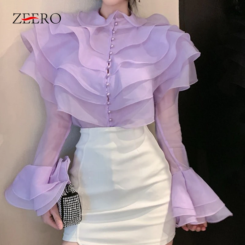 Spring Korean Fashion Sweet Women Shirts Blouses Net Yarn Cascade Ruffle Flared Sleeve Perspective Chiffon Pearl Button Up Shirt