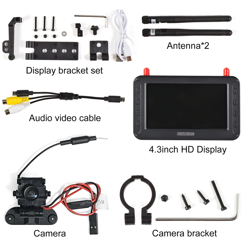DUMBORC 4.3-inch FPV HD Display 5.8G Image Transmission Dual Antenna for RC Car Ship Drone