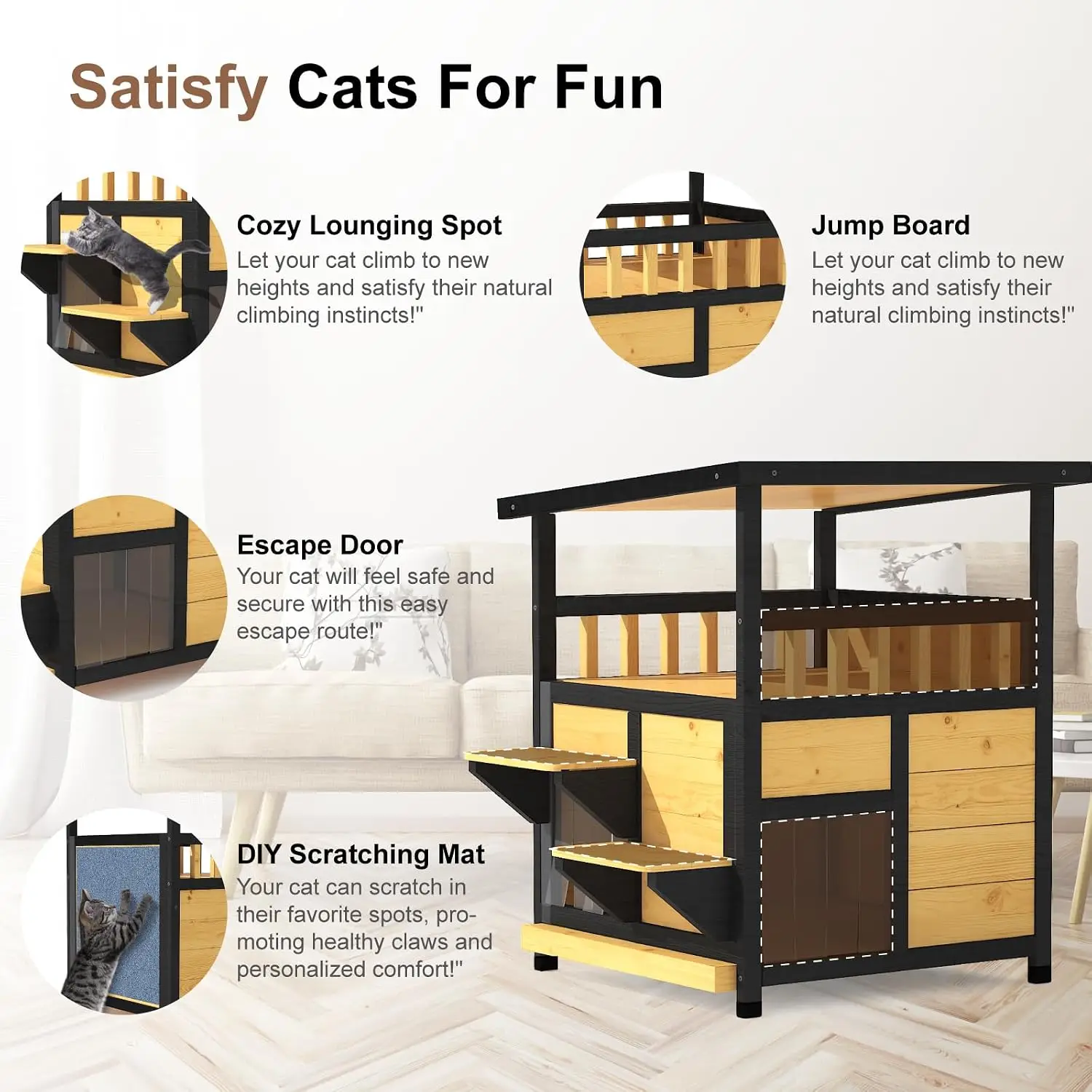 Outdoor Cat House Weatherproof, Outside Two Story Feral Cat Shelter with Escape Door, Scratching Mat, Pull-Out Bottom, Playful Cat Condo for Small & Medium Pets, Black and Earthy Yellow view 5