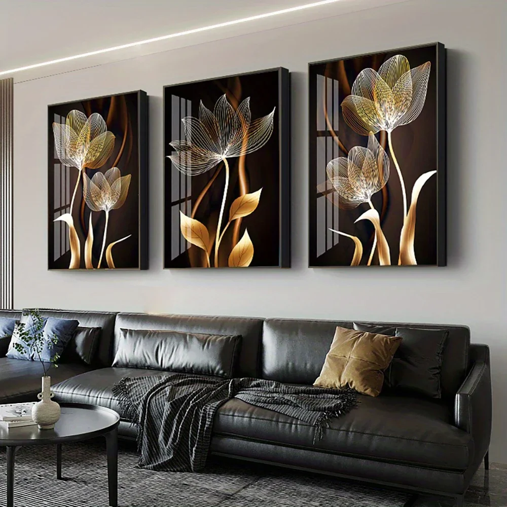 

3PCS Black and Golden Flower Wall Art Canvas Painting for Living Room Decor Modern Abstract Posters Home Decor