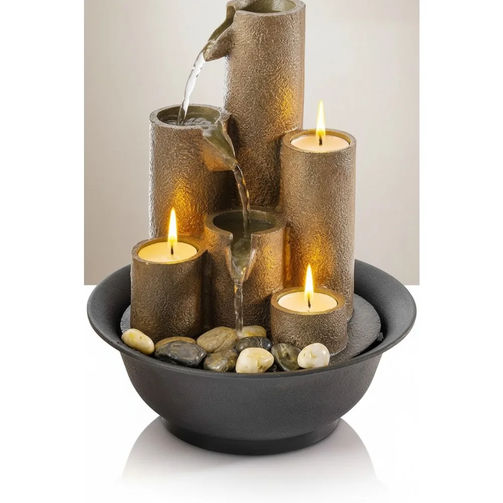 

Indoor Tabletop Water Fountain with 3 Candles, 11" Brown Tiered Desktop Decor for Relaxation