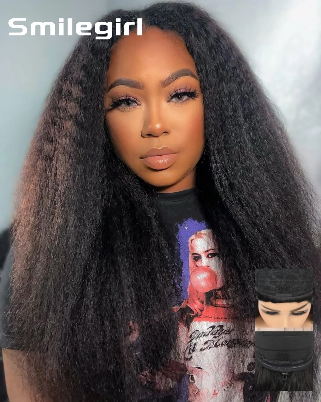 200 Density Flexible Fit 3In1 Half Wig Kinky Straight Half Headband Wig With Drawstring Natural Hairline Seamless Flip Over Beginner Friendly Machine Wigs Natural Black