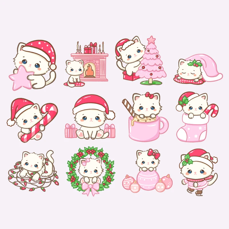 Christmas Vintage Naughty pink Cat Iron On Heat Transfer Sticker DTF Iron On Transfer Patches For Clothes T-shirt Applique