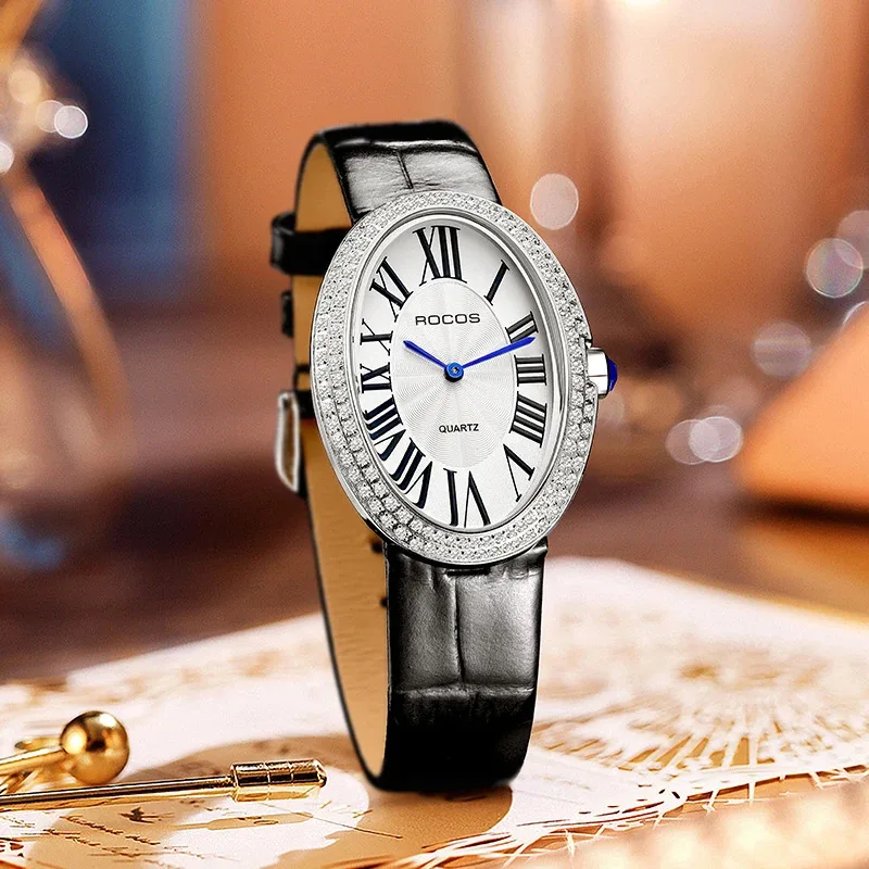 ROCOS-Reloj de cuero para mujer, accesorio de marca de lujo, de cuarzo, ovalado, elegante, a la moda, el más vendido, envío directo, R0254