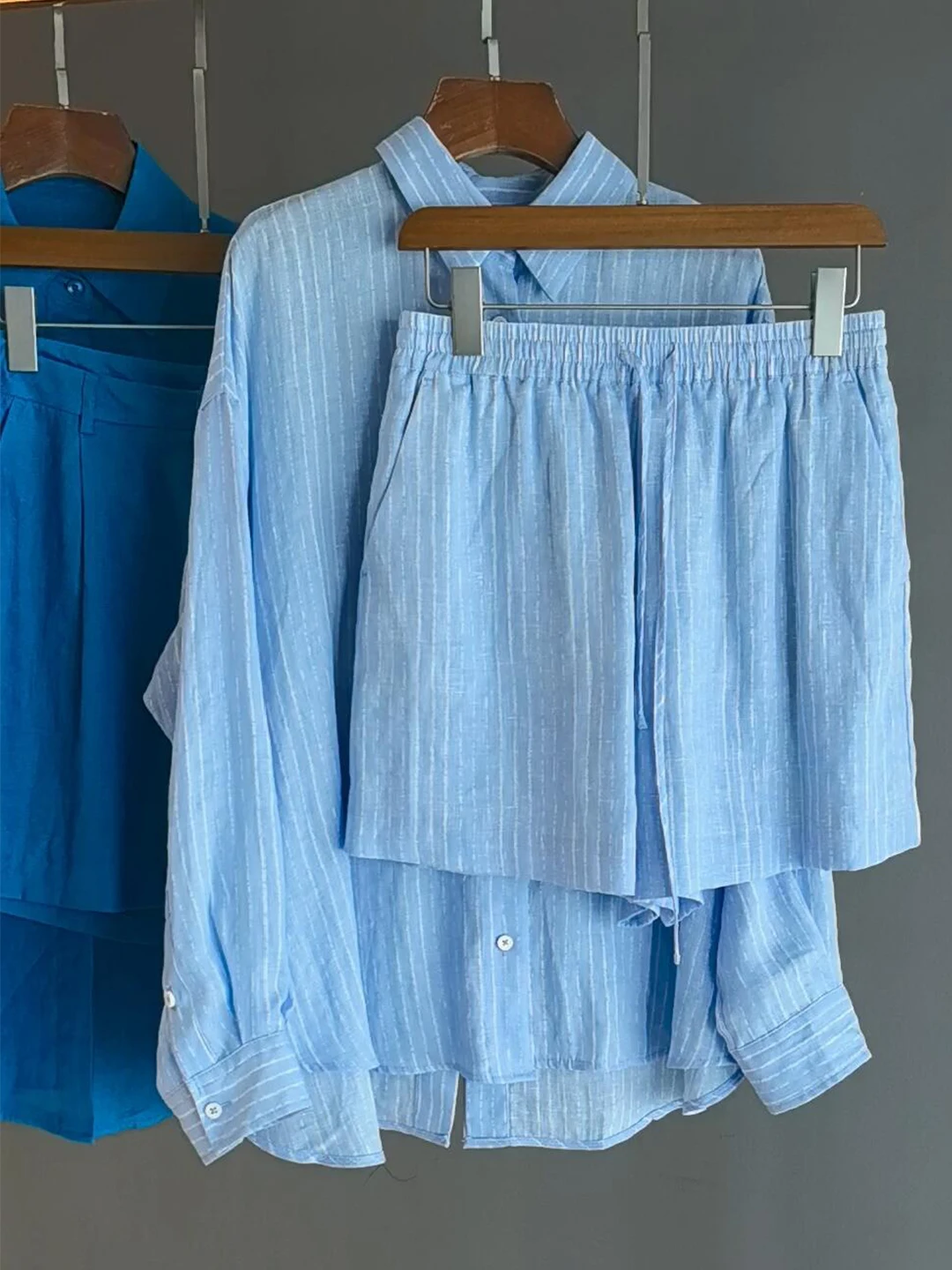 Women's Linen Cotton Stripe Shirt Set Summer High-end Sun Protection Shorts Two-piece Casual Style Breathable Loose Fit