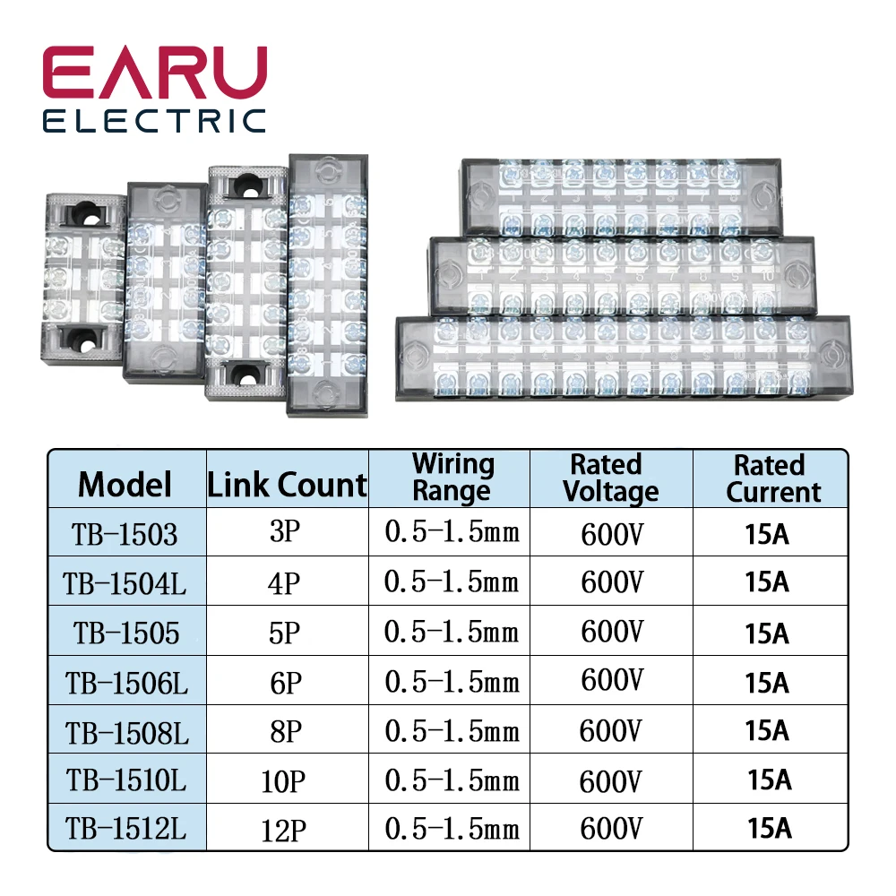 15A 600V Dual Row Barrier Screw Terminal Block Wire Connector TB Series 3 4 5 6 8 10 12 16 20 Positions Ways Factory Wholesale