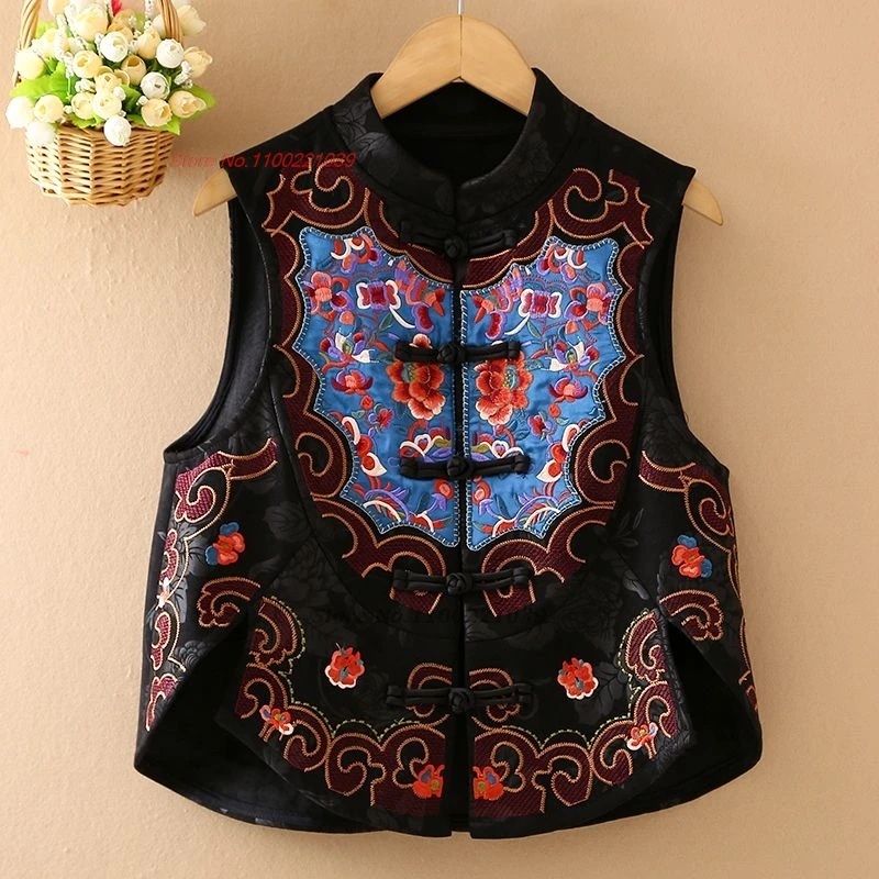 

2024 chinese vintage vest oriental satin jacquard stand collar vest national flower embroidery ethnic vest sleeveless jacket