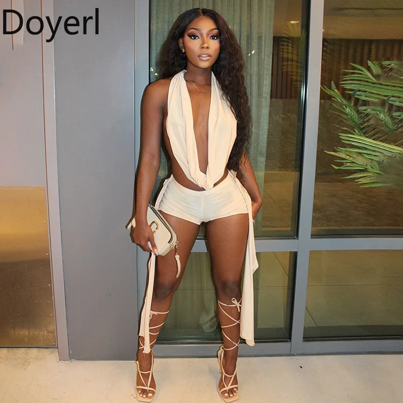

Doyerl Sexy Club Party 2 Pieces Set for Woman Festivals Outfit Halter Deep V-neck Backless Crop Top and Shorts Matching Sets