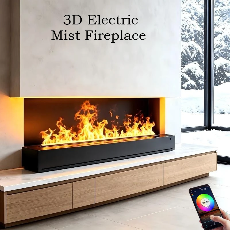 150cm High-End 3D Water Mist Fireplace,APP Control,No Heat,Double-Sided Flame View,led fireplace flame simulation,Modern Luxury