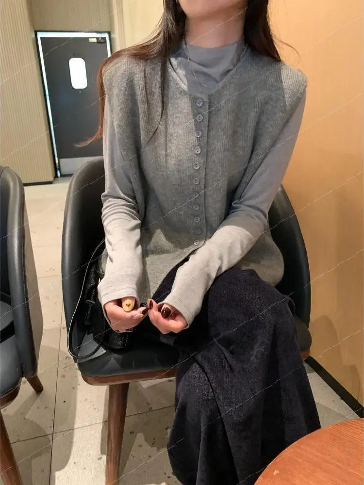 

Autumn Winter Knitted Sweater Vest Casual Versatile Slimming Button up Comfortable Polyester Blend Long Sve round Ne Top