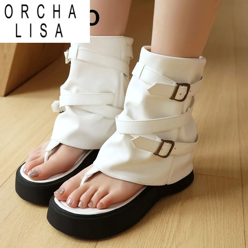 

ORCHA LISA 2025 New Design Women Sandals Clip Toe Thick Heels 4.5cm Platform Belt Buckle Plus Size 43 44 45 Fashion Street Shoes