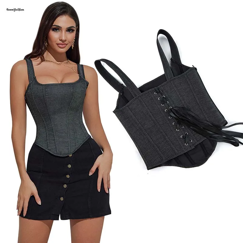 

Denim Jeans Over Bust Chest Binder Bustier Side Zip Adjustable Women Corset Top Gray