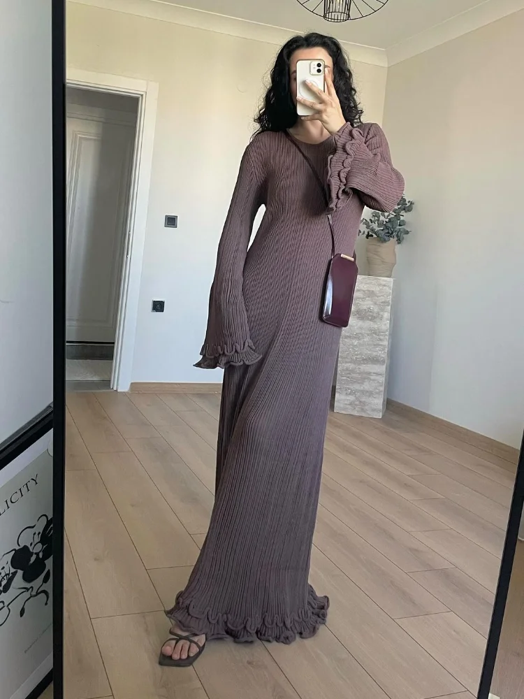 Elegant Solid Ruffles Knitted Dress For Women Loose O Neck Long Trumpet Sleeve Maxi Dresses 2024 New Female White Knitwear