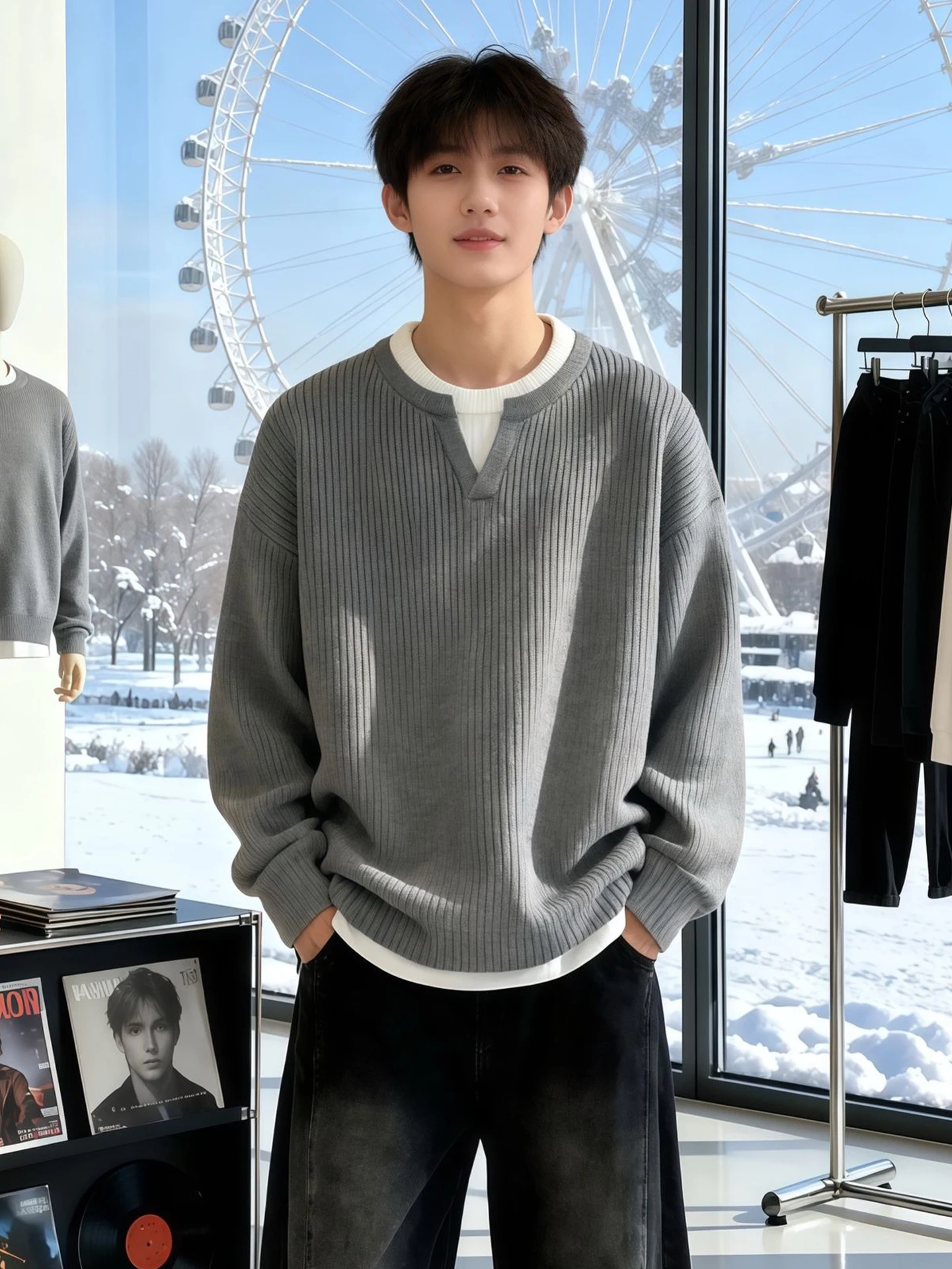 

Мужской утепленный вязаный свитер с V-образным вырезом, повседневный, в американском стиле, для осени и зимы, свободного кроя, трикотажная одежда