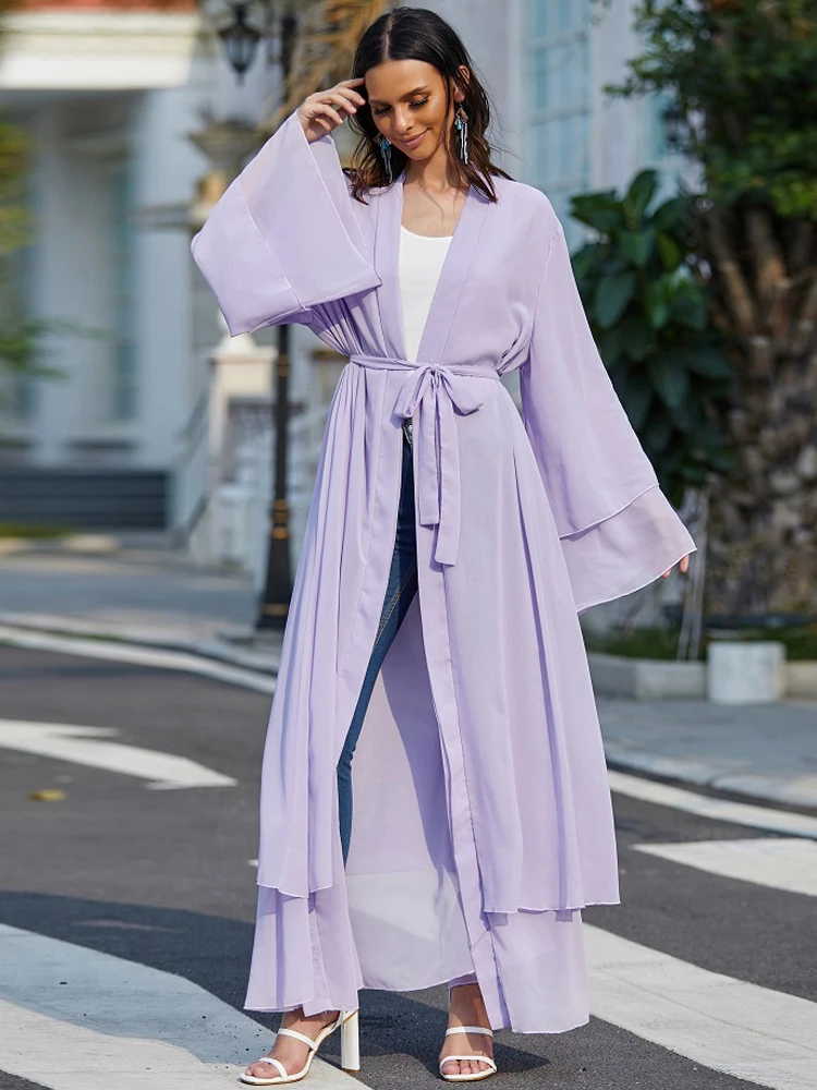 Imagem -04 - Chiffon Abaya Aberto para Mulheres Kimono em Camadas Robe Hijabi Vestuário Islâmico Roupa Modest Kaftan Mulher Muçulmana Dubai sem Lenço Dubai Modest