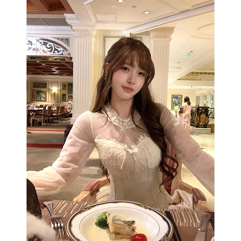MEXZT Vintage Cropped Lace Shirts Women Sweet Elegant Mesh Patchwork Blouses Summer Ladies Korean Long Sleeve Slim Design Tops - view 5