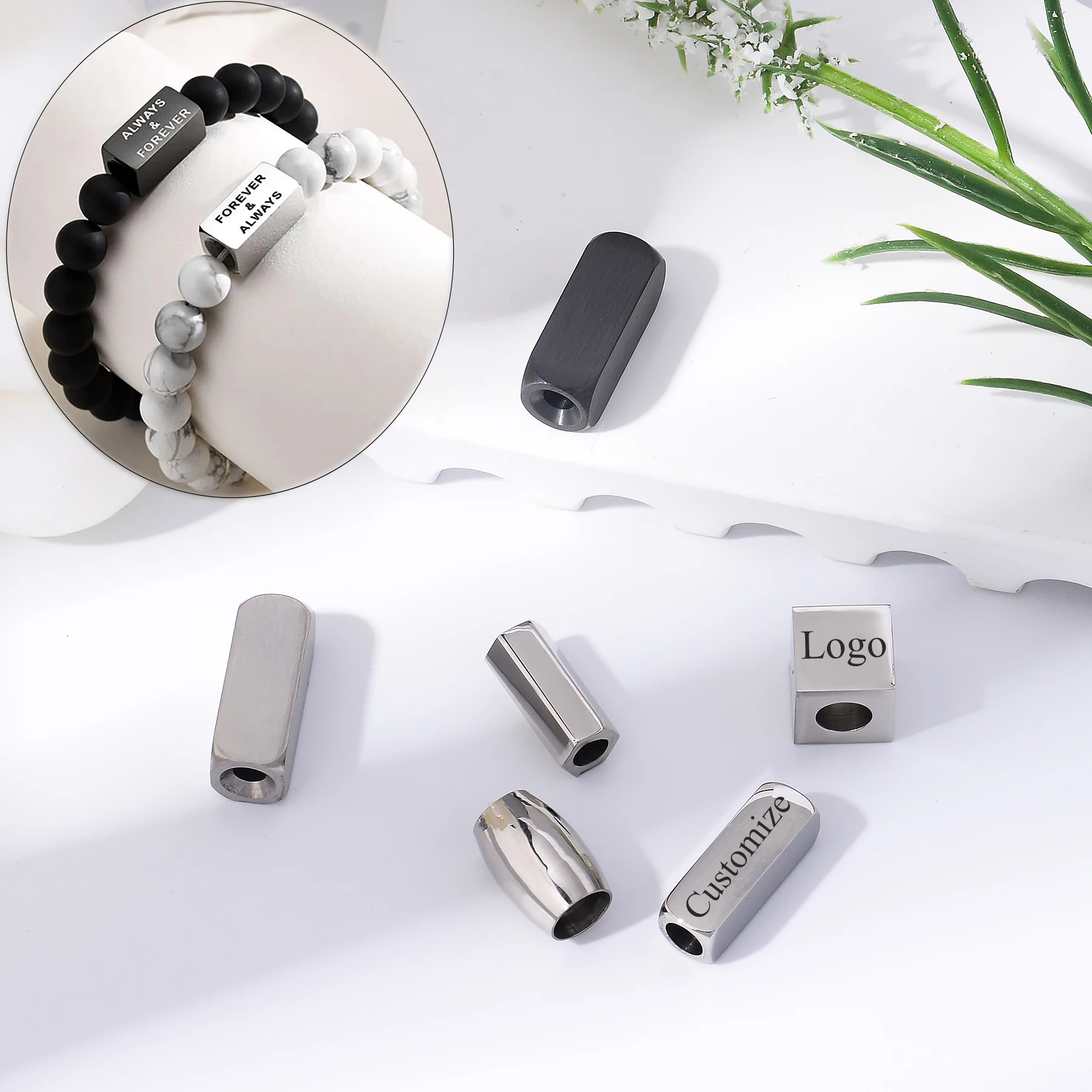 5pcs Stainless Steel Spacer Beads Custom Logo ID Brand Name for DIY Making Bracelet Necklace Jewelry Hole 2mm-5mm Accessories