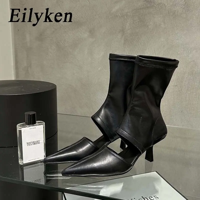 Eilyken Spring Autumn Soft Leather Short Ankle Boots Women Fashion Hollow Out Ladies Sandal Pointed Toe Thin Low Heel Shoes