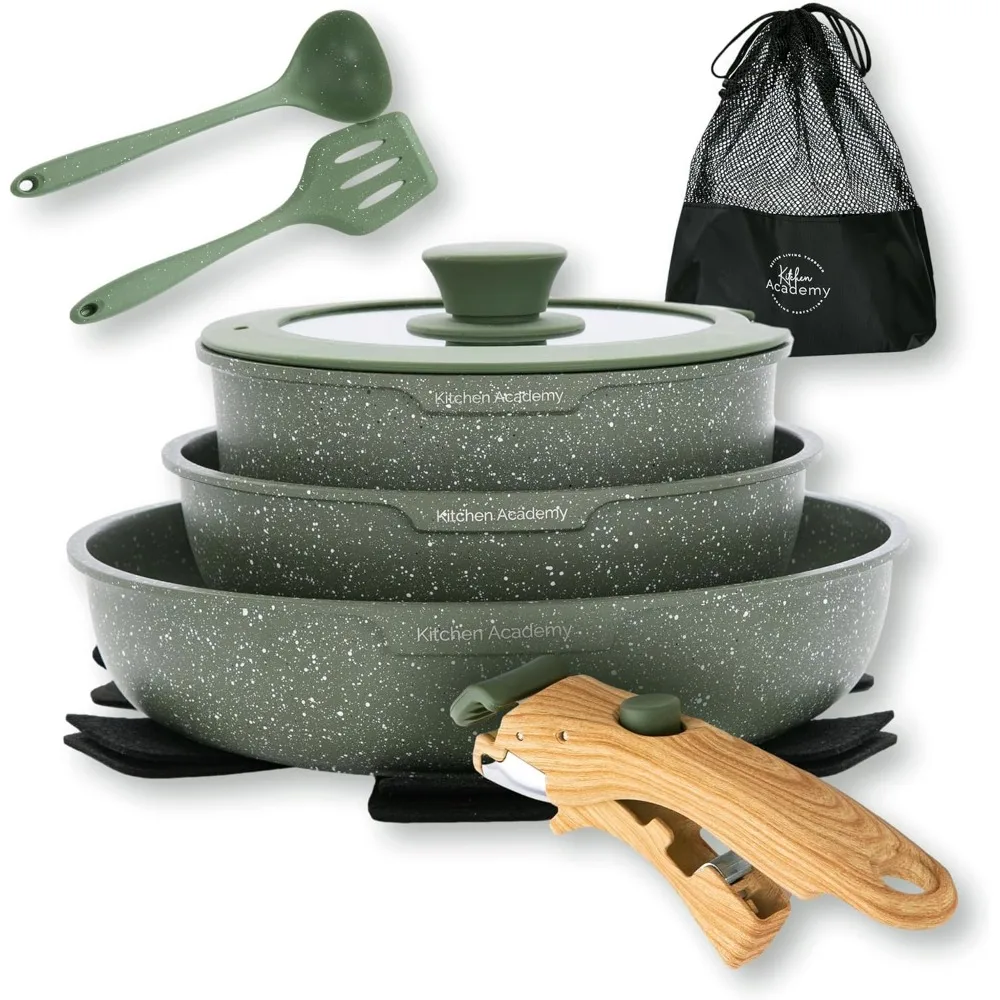 

Detachable Handle Cookware Set - 10 Pieces Green Pots and Pans Set with Removable Handle, RV Induction Cookware Set for Camp