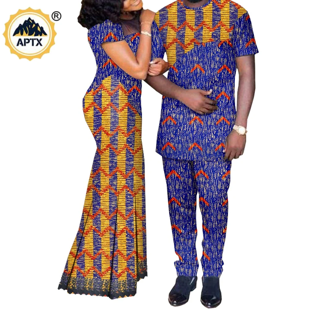 African Clothes for Couples Matching Outfits Dashiki Metallic Women Print Lace Dresses Bazin Riche Men Top and Pant Sets A20C003