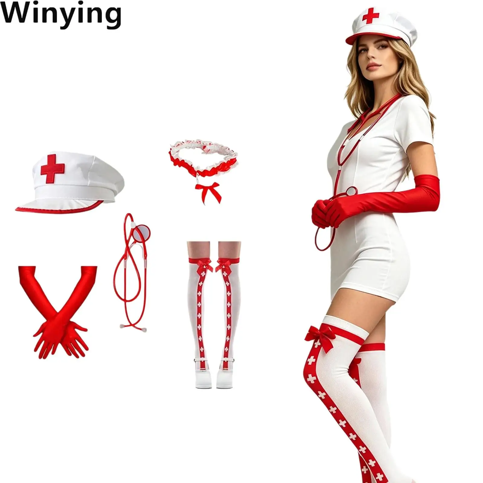 Halloween Nurse Costume Accessories Set Headband Hat Stocking Gloves Glasses Lace Garters with Faux Stethoscope for Cosplay
