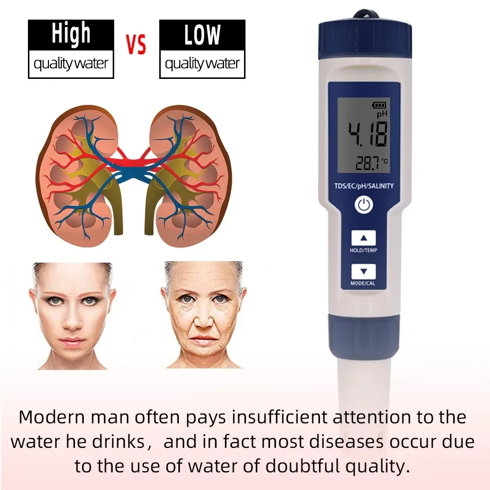 5 IN 1 PH Temperature TDS EC Salinity Meter Digital Waterproof With Automatic Calibration Function Water Quality PH Tester