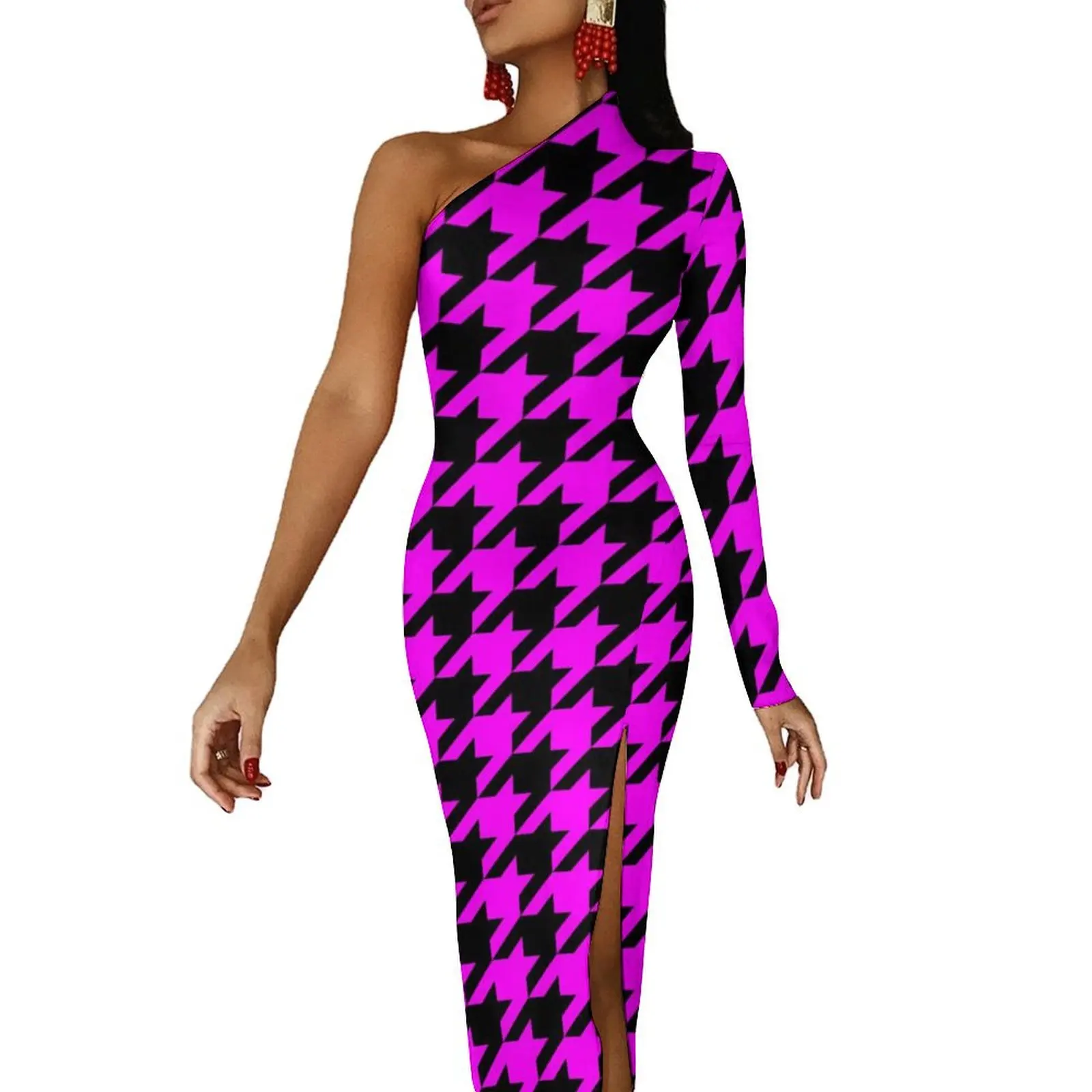 Retro Houndstooth Bodycon Dress Women Purple And Black Kawaii Maxi Dress One Shoulder Aesthetic Custom Dresses Birthday Present