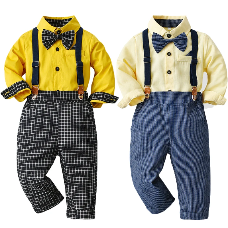 

New Plaid Bow Tie Gentleman Style Spring Autumn Boys Clothing Set Solid Color Long-Sleeved Shirt + Grid Overalls 2Pcs Suit