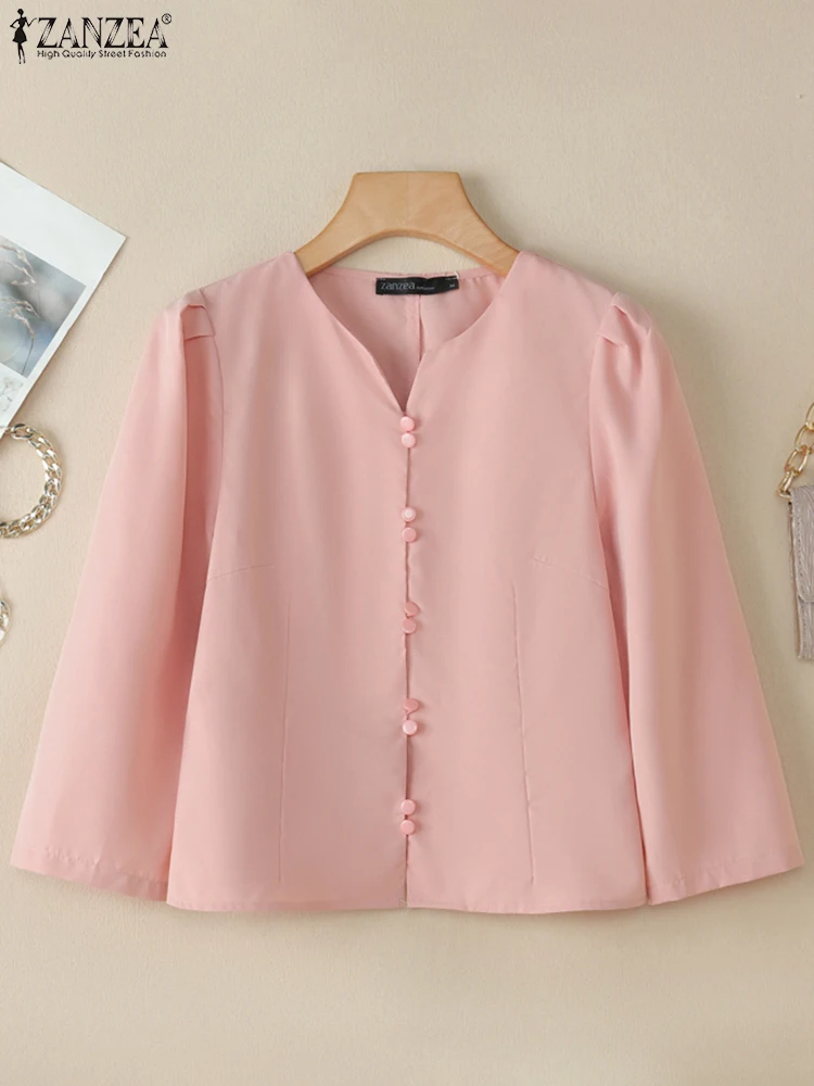 

ZANZEA Elegant Button Up Short Shirts 3/4 Sleeve Day Wear Casual 2025 Summer Chemise Femme Commute V-Neck Solid Color Woman Tops