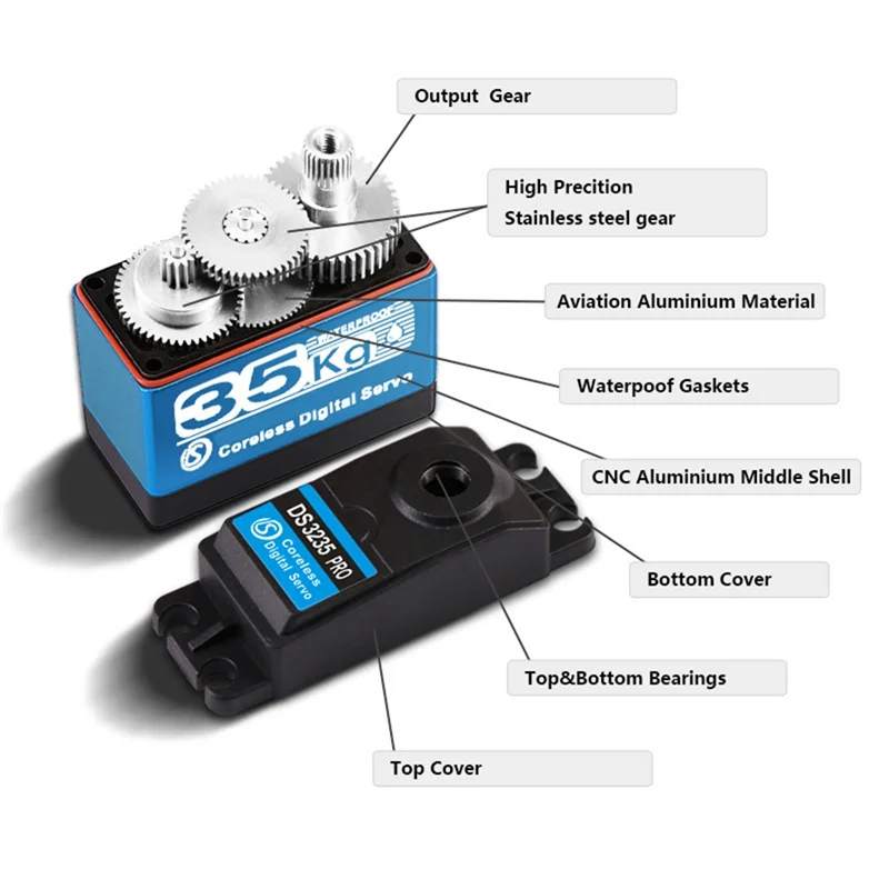 A45F-35Kg Servo digitale Servo ad ingranaggi metallici a coppia elevata Servo ad alta velocità impermeabile IP66 per auto o robot RC 1:8/1:10/1:12