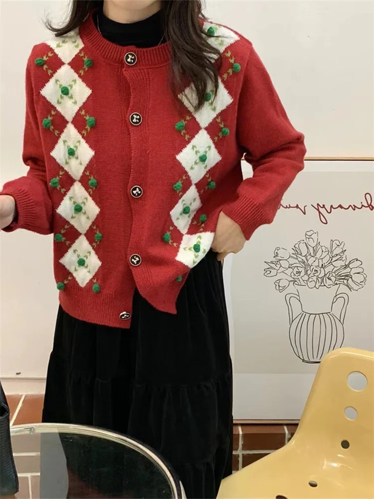 

Hsa Floral Embroidery Argyle Plaid Women Knit Cardigan Long Sleeves O Neck Vintage Christmas Sweaters Sueter Mujer Invierno