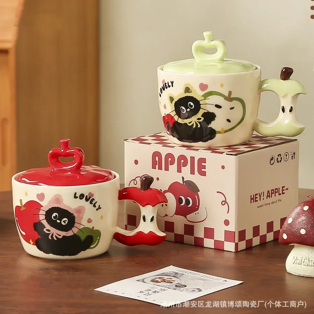 

3D Apple Mug, Creative Cat Ceramic Cup with Lid, High-value Breakfast Cup Souvenir Christmas Gift Drinkware