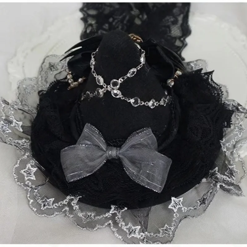 Handmade Gothic Chain Black Hat Subculture Dark Punk Halloween Magic Girl Top Hat Lolita Cosplay Versatile Witch Headdress