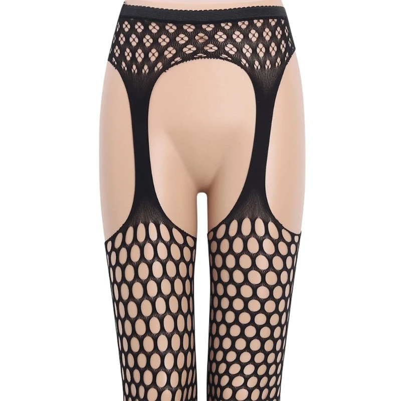 Womens See Through Fishnet Stockings with Attached Garter Belt Crotchless Hollow Out Mesh Pantyhose Tights Hosiery