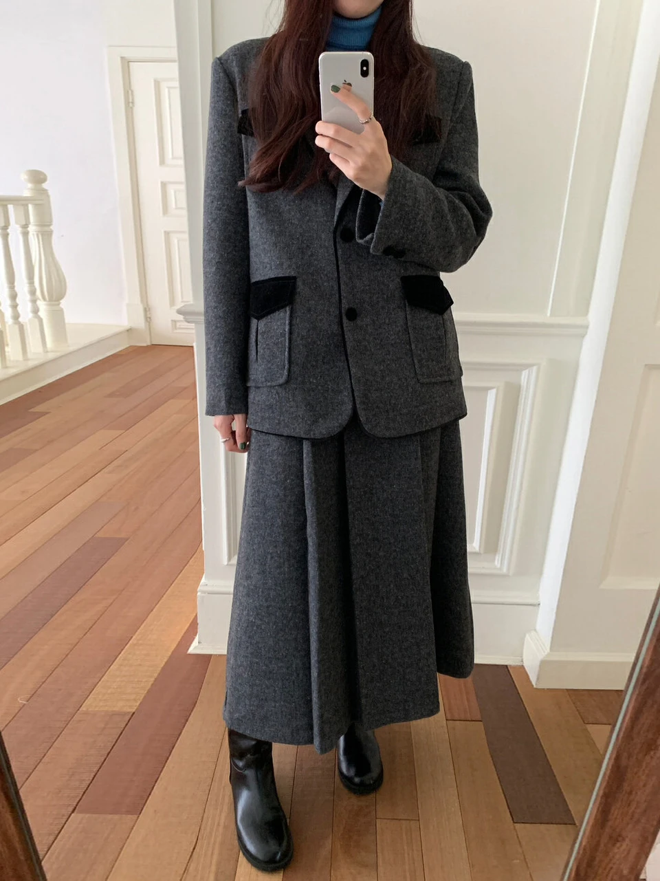 

Ретро-костюм из бархата с цветовыми блоками: пиджак и юбка с завышенной талией, комплект для женщин, модная верхняя одежда, повседневная рабочая одежда, зимний вариант