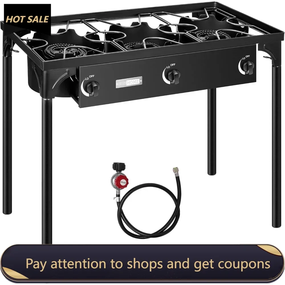 

Outdoor 3-Burner Stove, Max. 225,000 BTU/hr, Heavy Duty Tri-Propane Cooker with Detachable Legs Stand for Camping Cookout