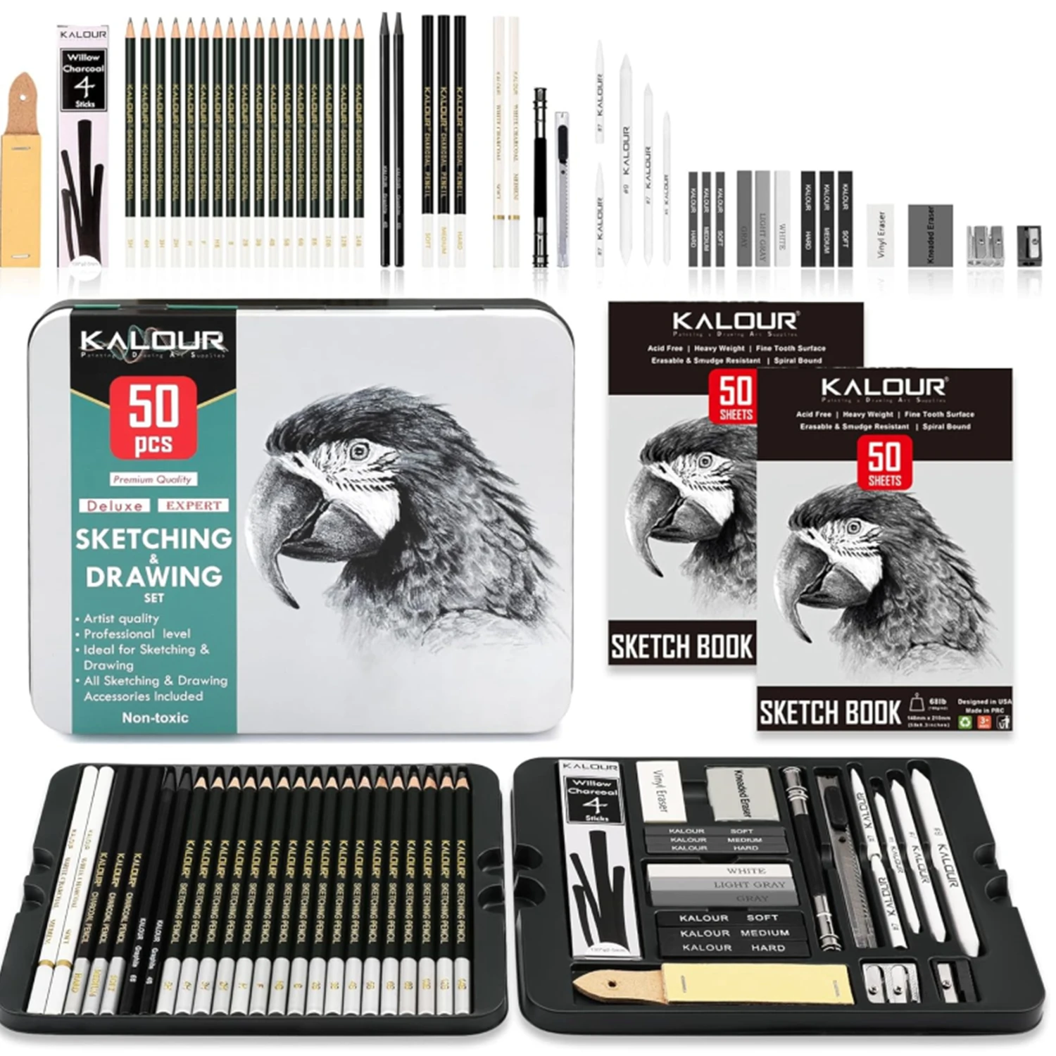 KALOUR 36/52-Pack Sketch Drawing Pencils Kit,Tin Box,Include Graphite,Charcoal and Artists Tools,Pro Art Drawing Supplies