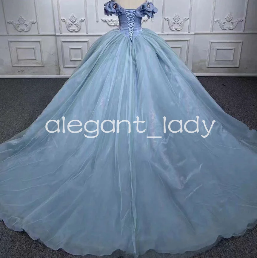 Cinderella Sky Blue Quinceanera Dresses 3D Butterfly Off Shoulder Lace-up Corset vestido de debutante para 15 anos princesa