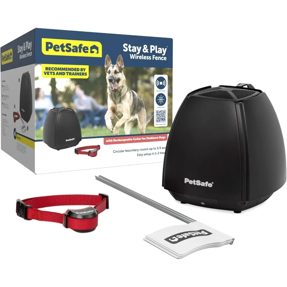 Play Wireless Pet Fence for Stubborn Dogs - No Wire Circular Boundary, Secure 3/4-Acre Yard, For Dogs 5lbs+, America's Safest