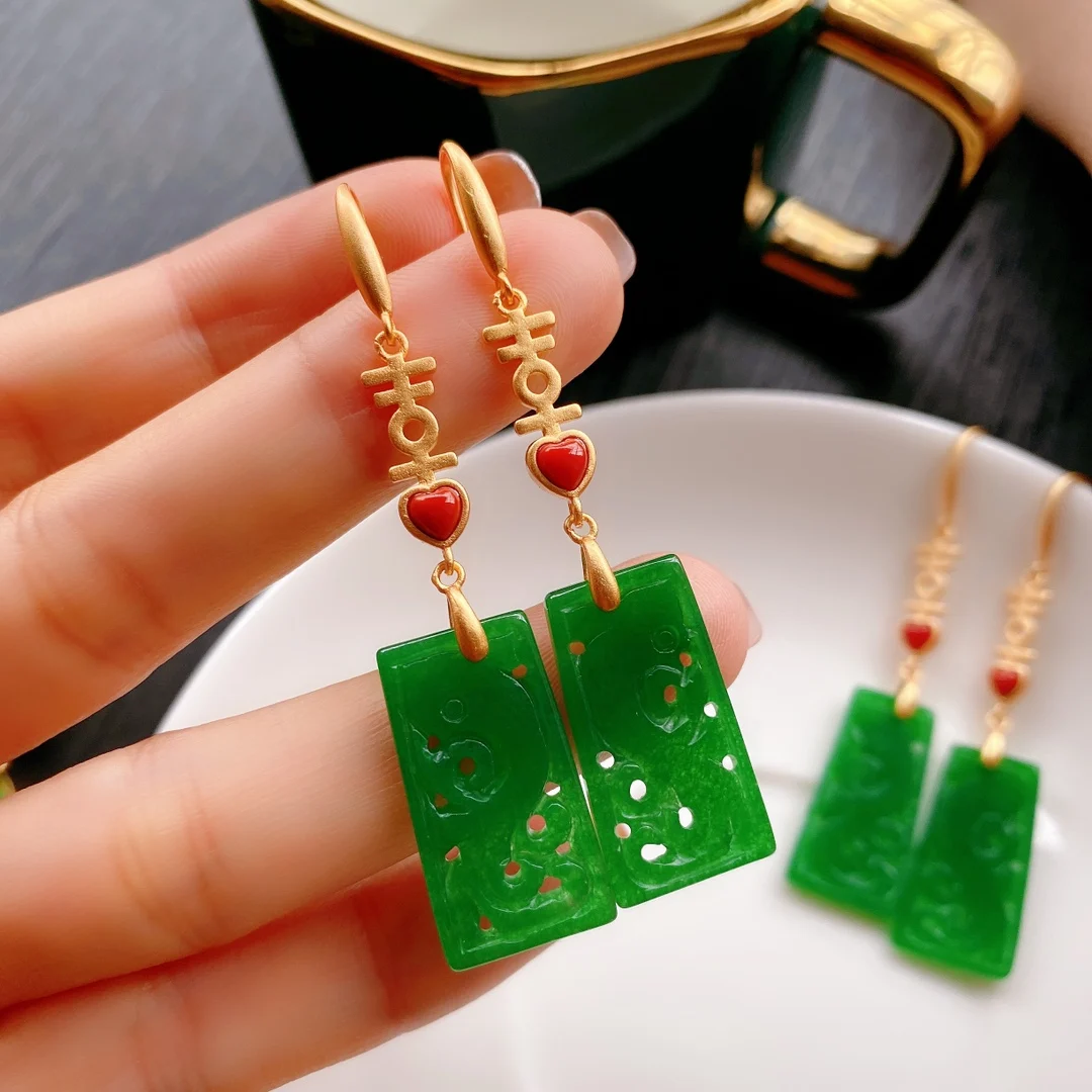 

1Pcs/Lot Natural Jadeite Dry Sapphire Stone Card Hollow Carving Phoenix Earrings Jewelry Silver Gold Plated Hook Aretes De Mujer