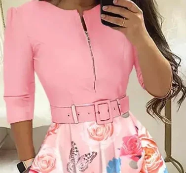 Elegant Dress for Woman Streetwear Zippered Medium with Waistband Long Sleeved Print Bodycon Dresses Y2k 2024 Autumn and Summer