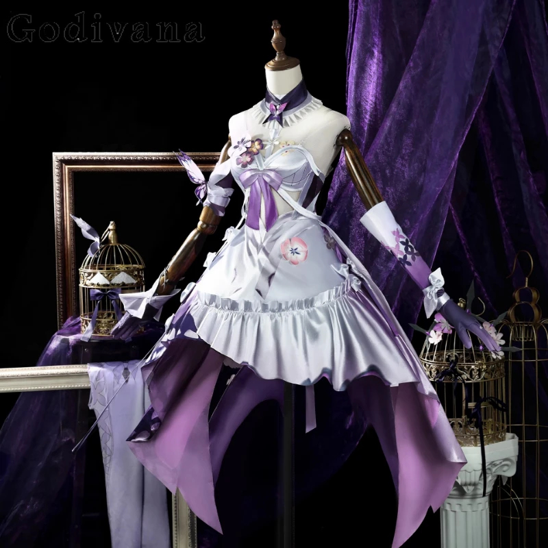 Damski Zestaw Uniformu na Imprezę Fantazyjna Fioletowa Sukienka Halloweenowa Peruka Gra Cosplay Kostium Długie Ubrania Nakrycie Głowy Karnawał Sukienka dla Dziewcząt