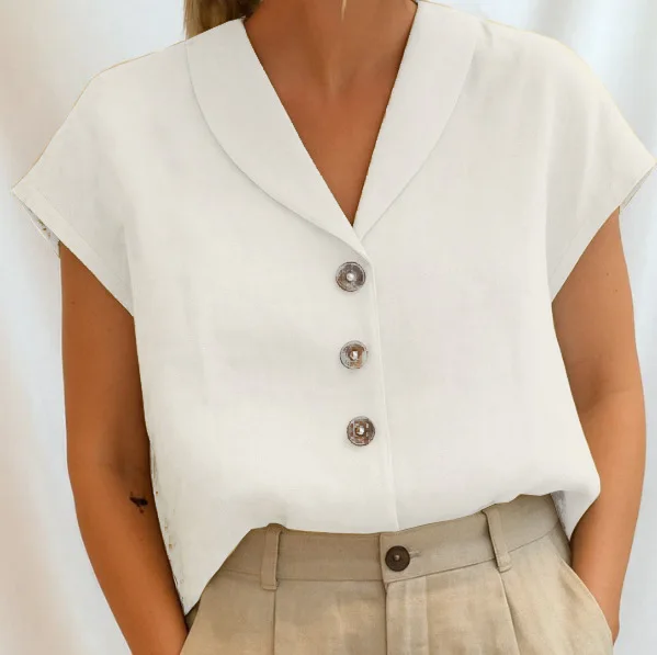 قميص نسائي بأكمام قصيرة موديل 2025، بلوزة بلون سادة ورقبة على شكل حرف V، سترة كاجوال بأزرار سفلية مفتوحة من الأمام