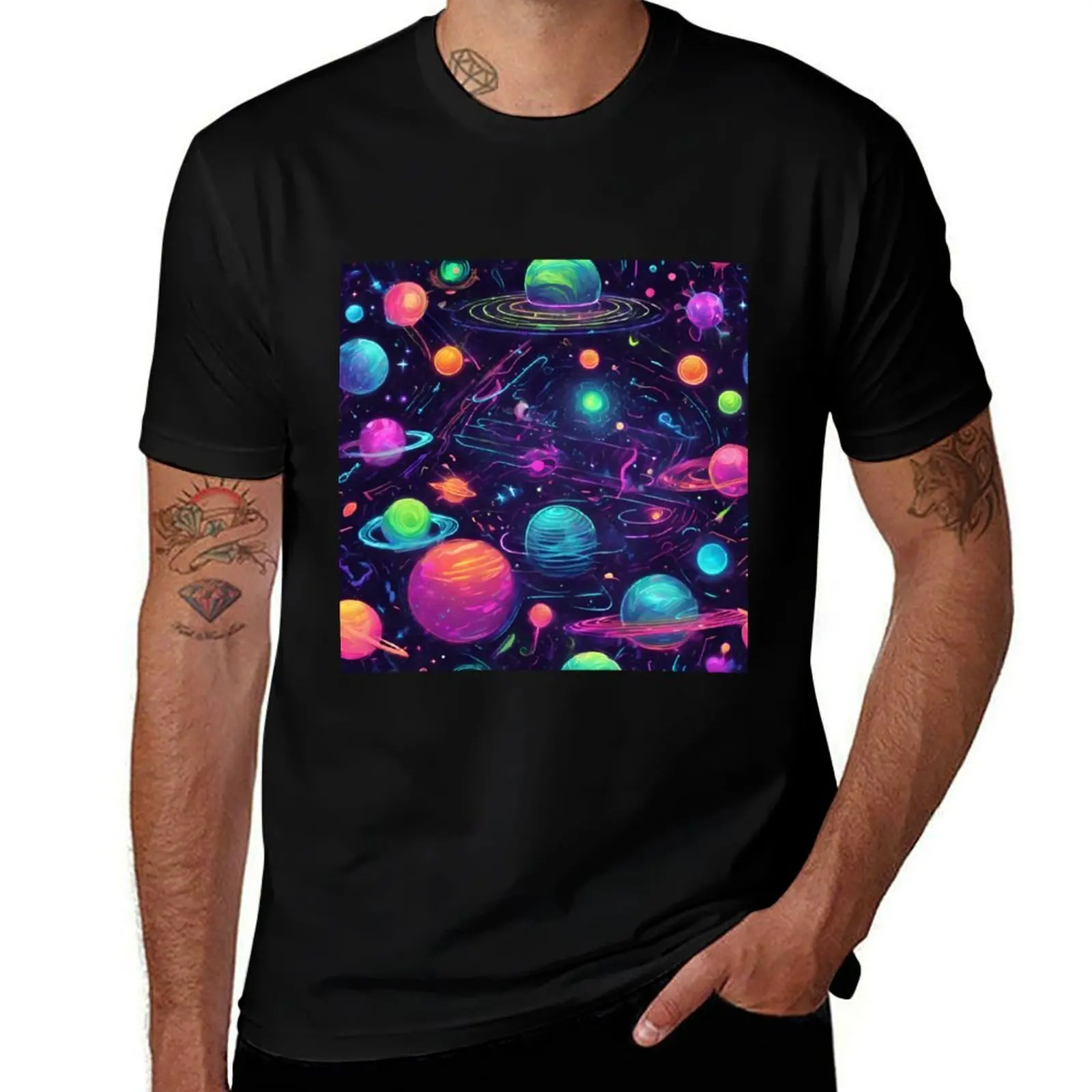 

NEON sky, space with stars and planets T-Shirt Clothing gifts for boyfriend for a boy summer 2025 plain black t shirts men