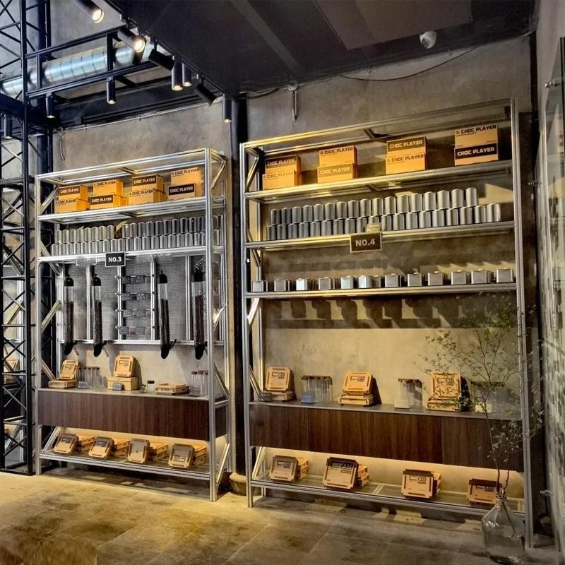 

Retro style cafe floor-to-ceiling multi-layer aluminum profile tempered glass display stand