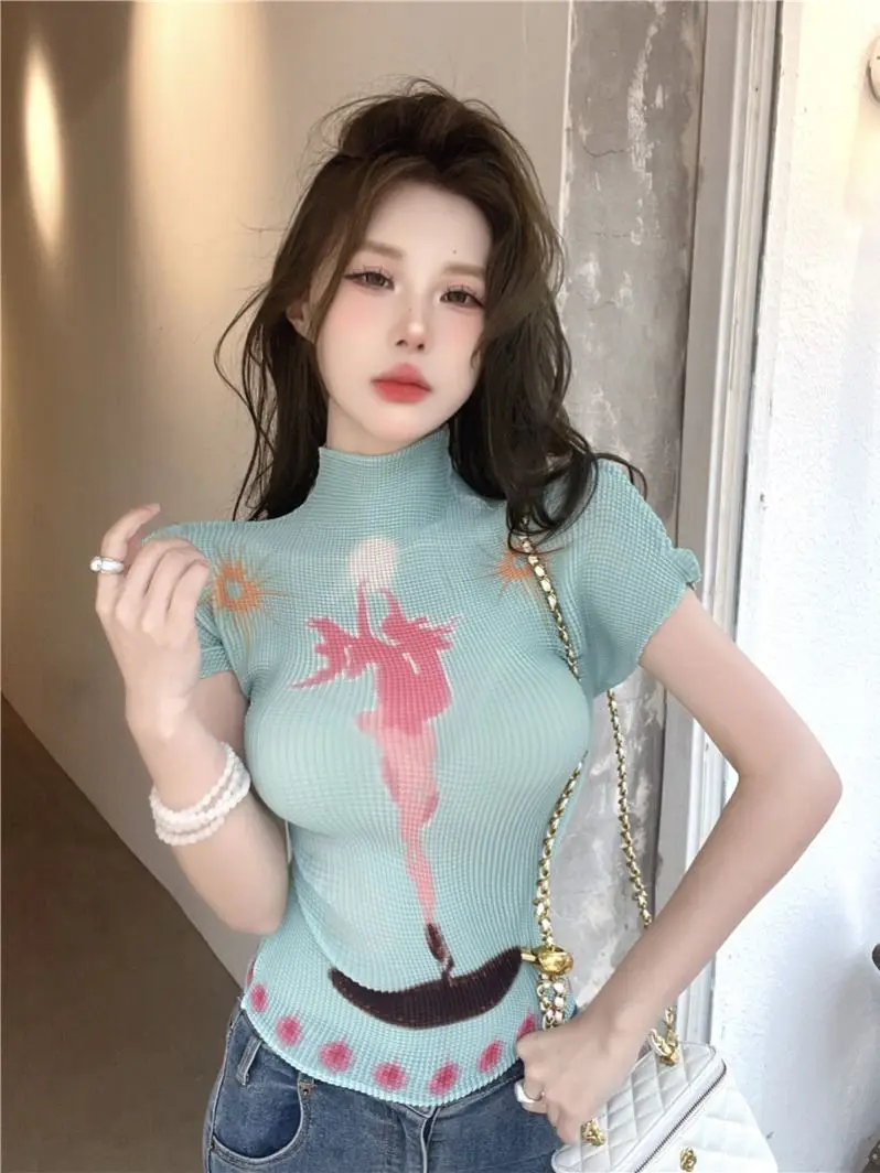 Dopamine Mint Green Semi-turtleneck Short Sleeve T-Shirt Women's Summer Pure Desire Sweet Spice Girl Short Top Chic