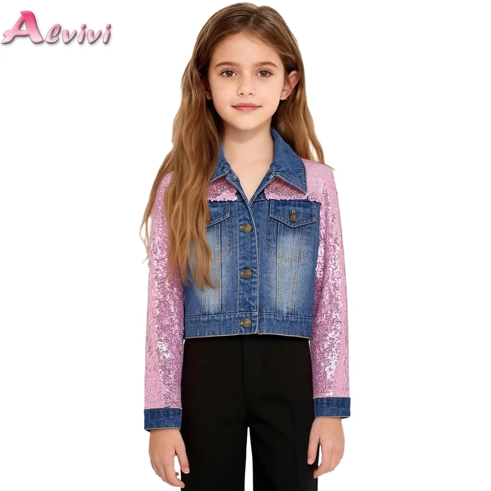 

Kids Girls Sequined Long Sleeves Denim Jacket Outerwear Turn-Down Collar Buttons Coat for Birthday Party Stage Performance