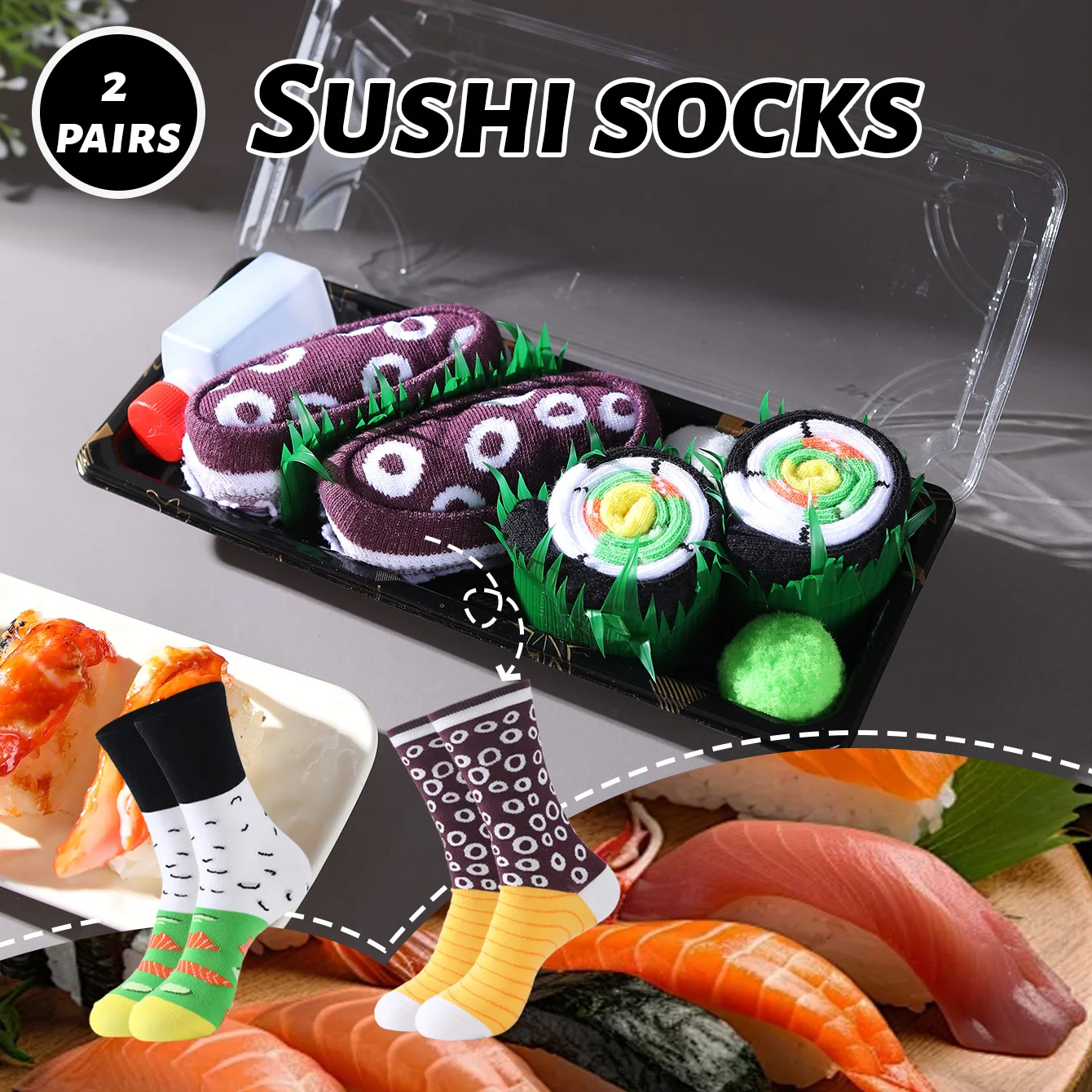 

2 Pairs of Mid-Calf Men's Socks, Suitable for Both Men and Women, Novel and Fun, Colorful Salmon Sushi Gift Box Socks, European and American Fashion Trend Style, Comfortable and Breathable, Party Casual Novelty Gifts, Valentine's Day, Christmas, Santa Cla