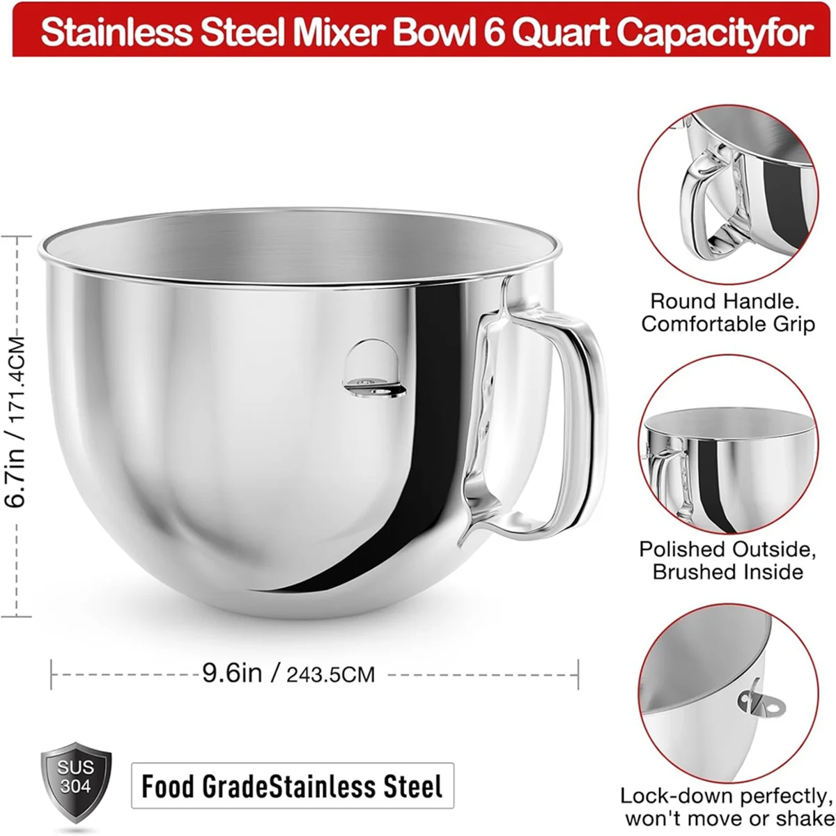 Stainless Steel Professional Dough Hook & Mixing Bowl for 5and 6 Quart Mixer for 5 Plus and 600 Series Mixer